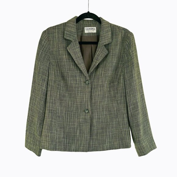 Vintage Gianni Tweed Blazer Jacket Sz L Olive Green Preppy Office Dark Academia - Picture 1 of 8